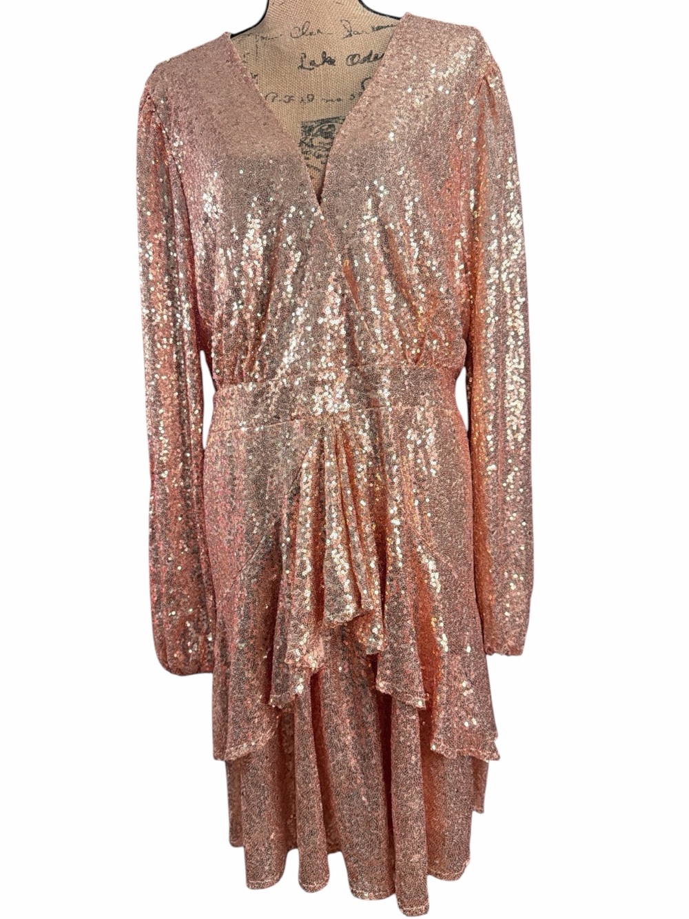 Boohoo Rose Gold Sequin Faux Wrap-Front Long-Sleeve Dress. Size 18
